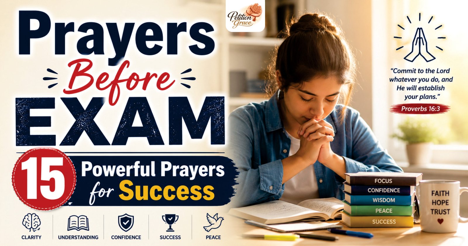 Student praying before exam with peaceful expression